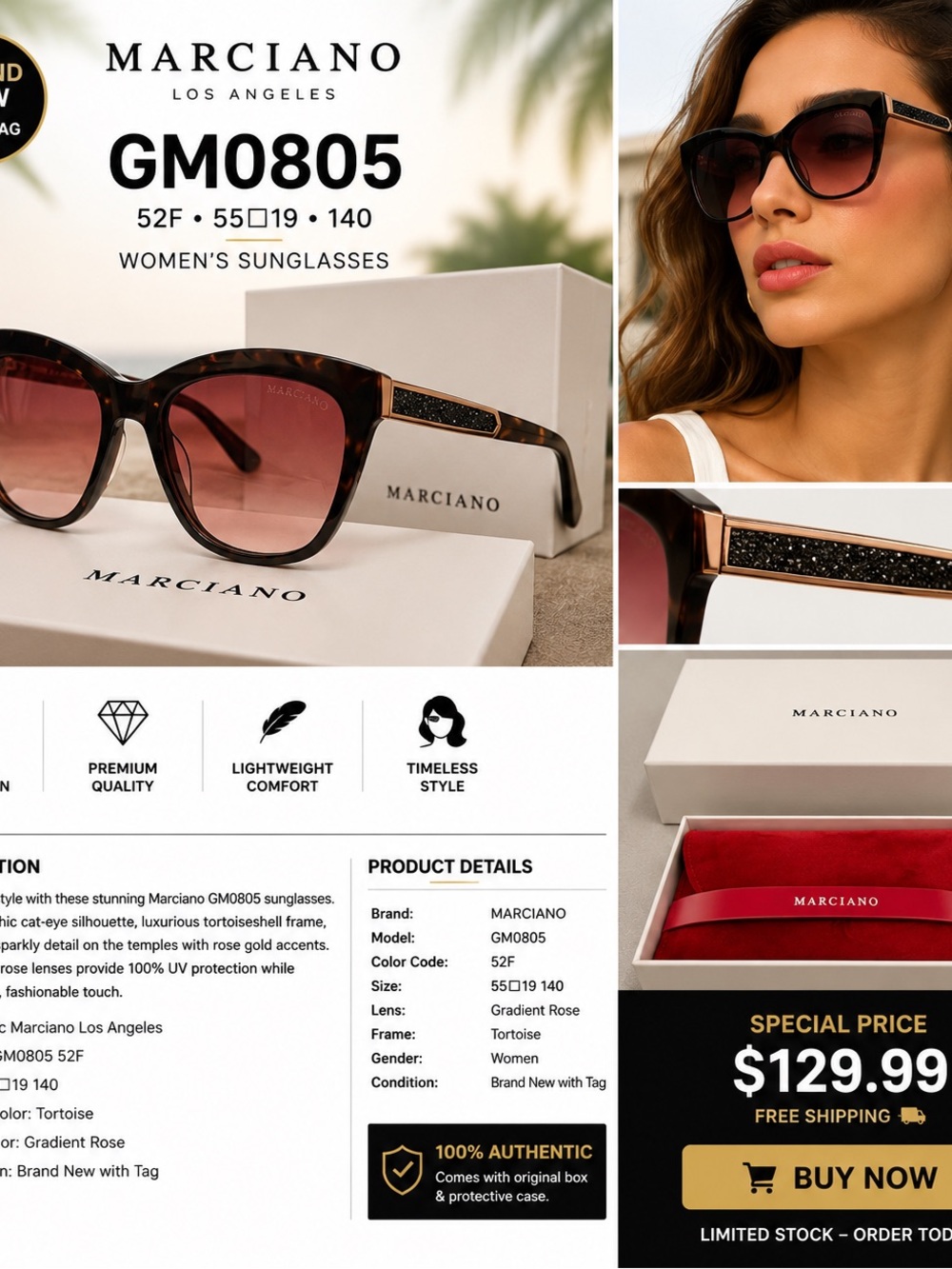 Marciano Tortoise Frame Sunglasses with Gradient Rose Lenses